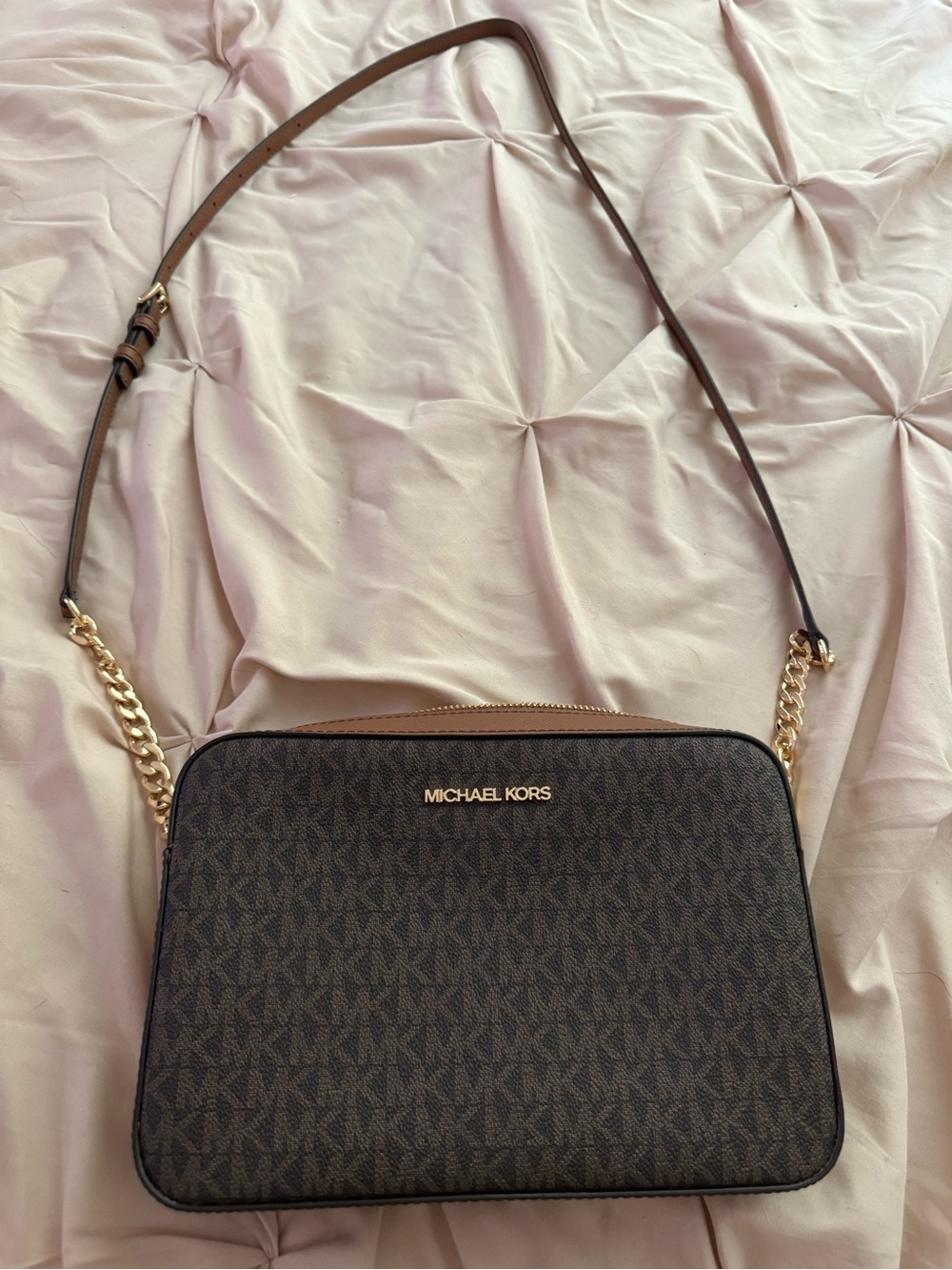 Michael Kors Brown Signature MK Logo Messenger Bag with Gold Hardware